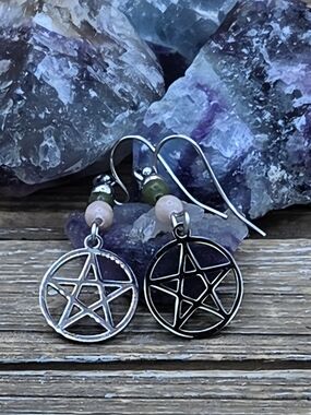 Green Jade, Plum Blossom Jasper and Stainless Steel Pentagram Earrings
